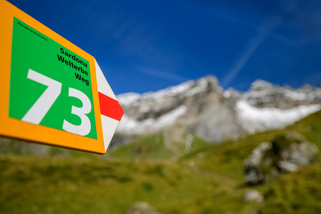  Signpost points to mountains out of focus in the background, Plaun Segnas Sut, Unterer Segnesboden, Sardona Tectonic Arena, Glarus Main Thrust, UNESCO World Natural Heritage Glarus Alps, Glarus Alps, Graubünden, Switzerland  