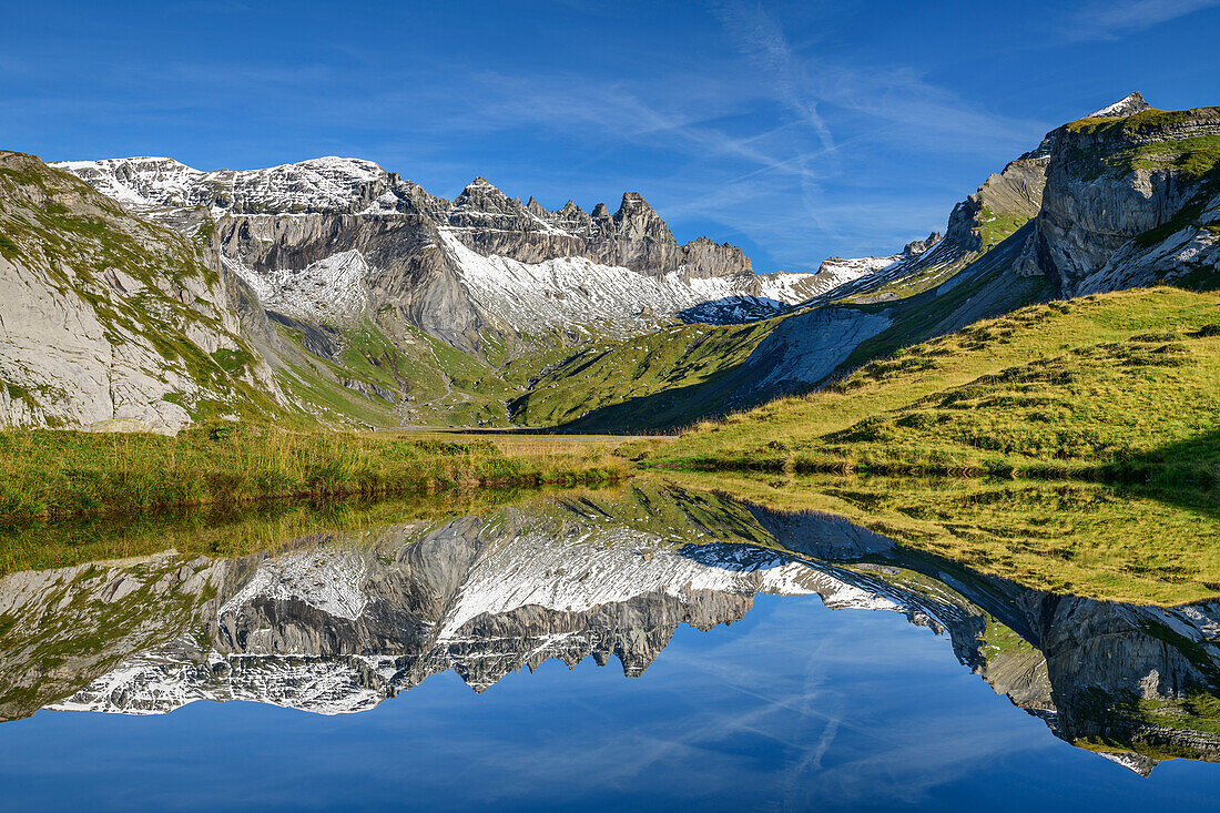  Tschingelhörner reflected in mountain lake, Plaun Segnas Sut, Unterer Segnesboden, Sardona tectonic arena, Glarus thrust, UNESCO World Natural Heritage Glarus Alps, Glarus Alps, Graubünden, Switzerland  