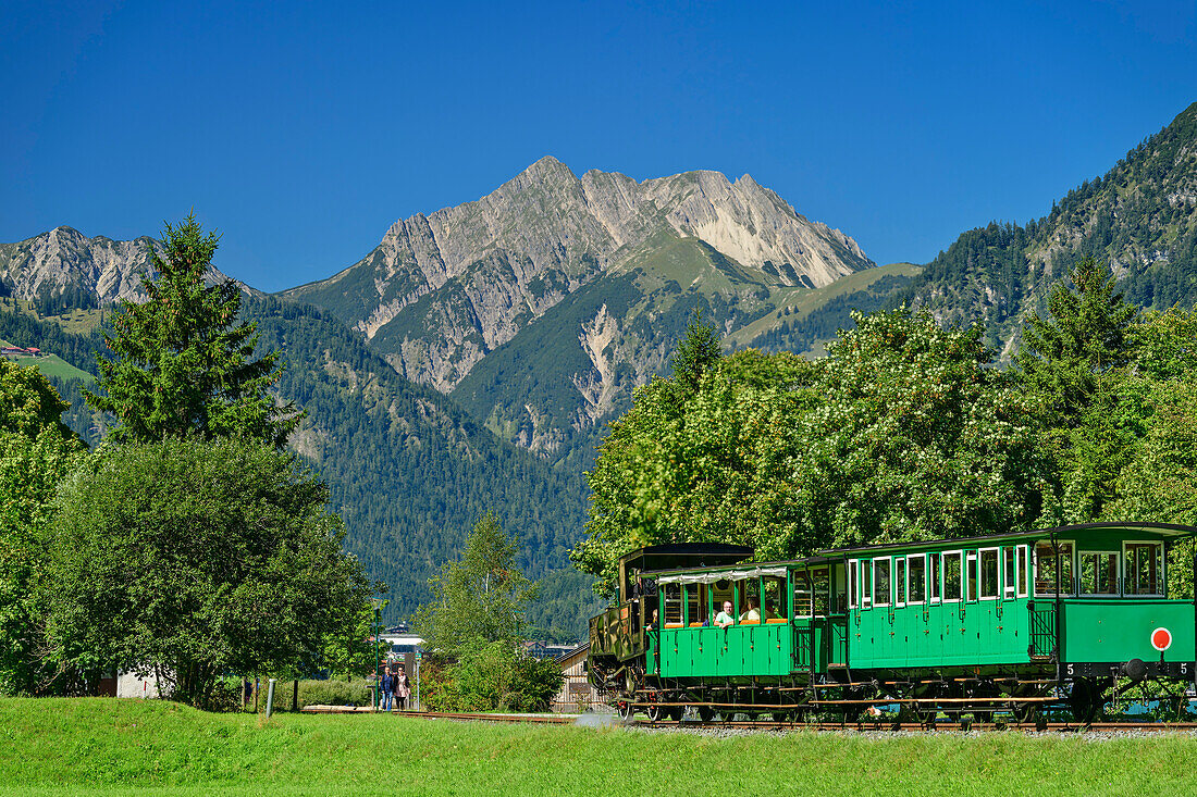  Steam locomotive of the Achenseebahn with Karwendel in the background, Achensee, Tyrol, Austria 