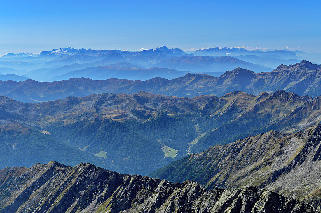  Dolomites backdrop with Marmolada, from Schwarzenstein, Zillertal Alps, Zillertal Alps Nature Park, Tyrol, Austria 