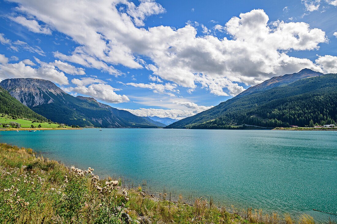 Lake Reschen with Vinschgau mountains, Lake Reschen, Vinschgau, South Tyrol, Italy 