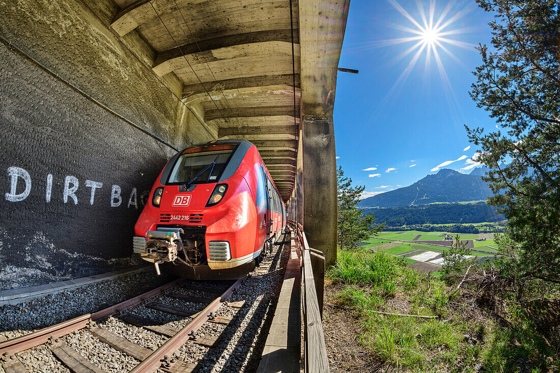  Train runs through the Martinswand Gallery, Karwendelbahn, Mittenwaldbahn, Tyrol, Austria 