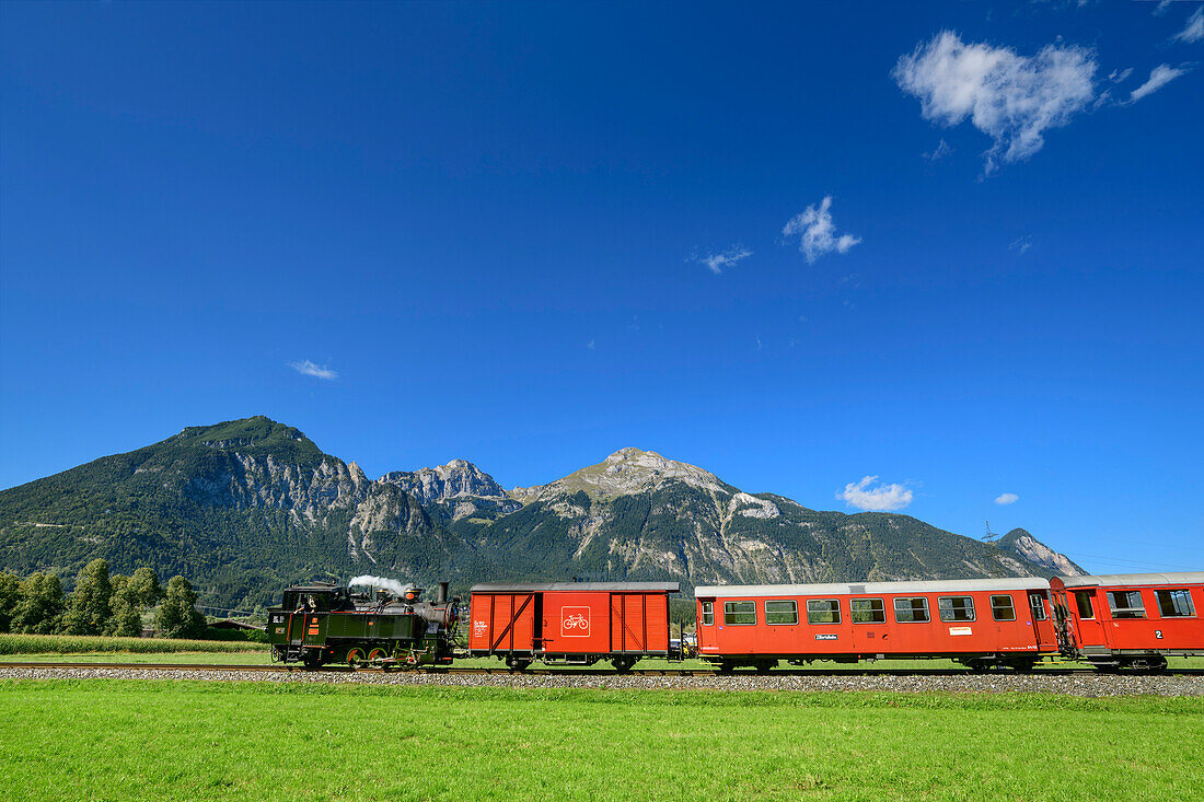  Steam locomotive of the Zillertalbahn with Rofan in the background, Zillertal, Tyrol, Austria 