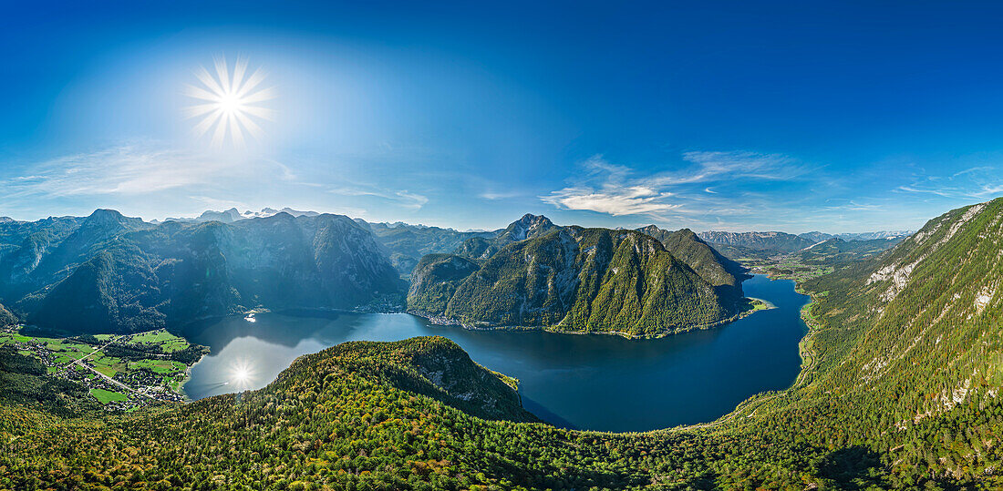  Panorama of Lake Hallstatt with Dachstein in the background, from Sarstein, Dachstein, Upper Austria, Austria 