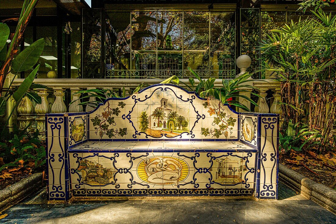  Parque de la Alameda, tiled bench in front of the Casino de Marbella, Costa del Sol, Andalusia, Spain 