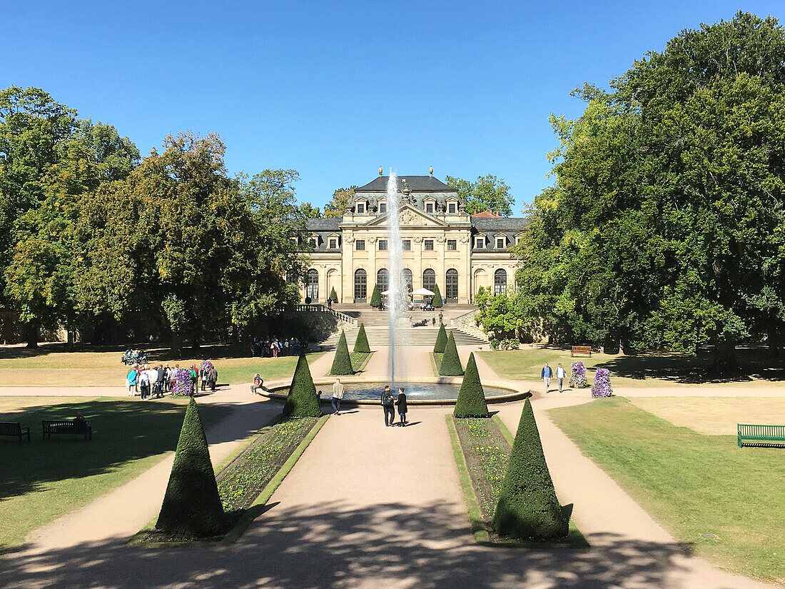  View from the castle park to the city castle in Fulda, water fountain, Hesse, Germany 