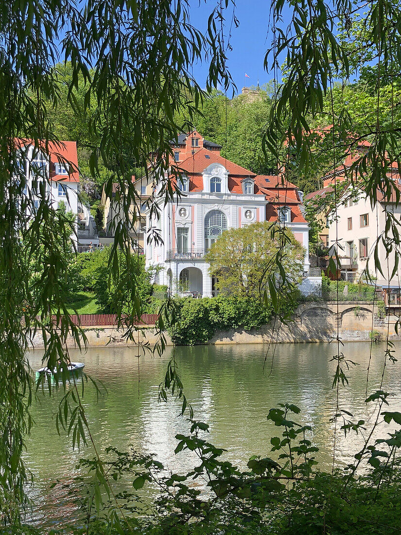  Cultural monument Schwabenhaus in Tübingen, seen from the other bank of the Neckar, Baden-Württemberg, Germany 