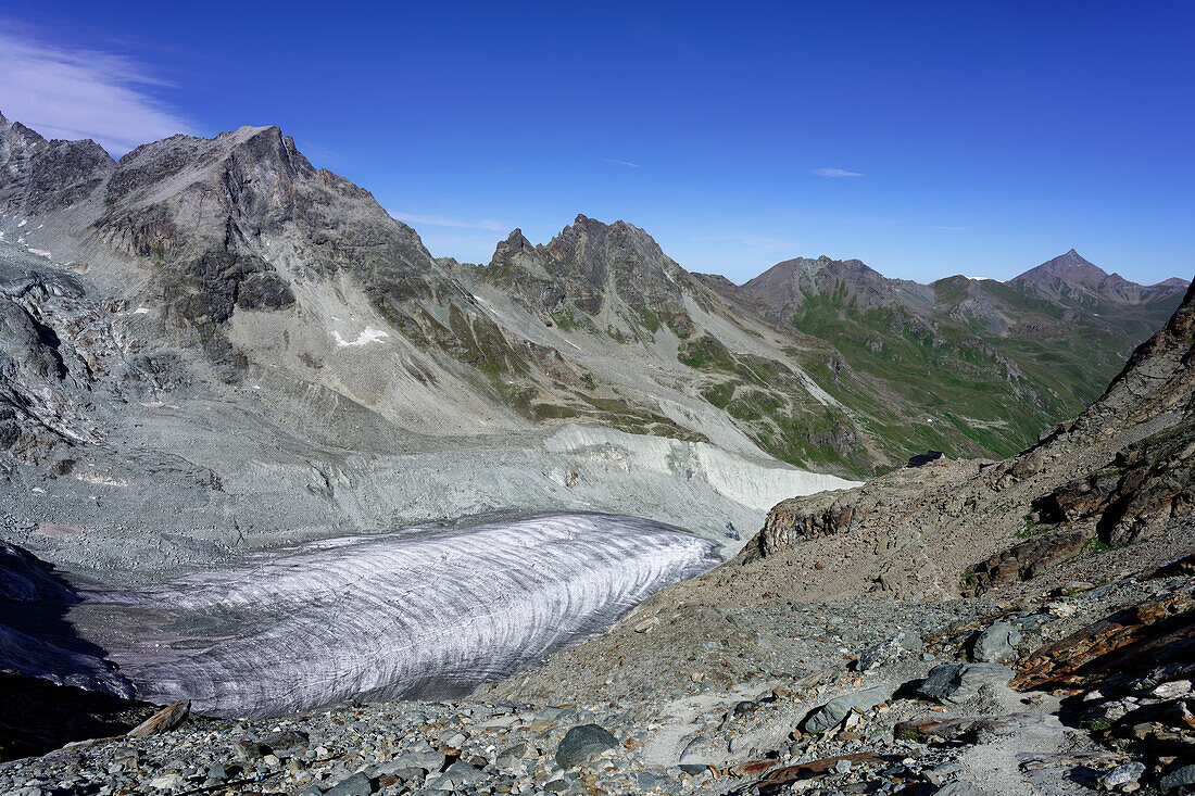 Gletscherzunge des Glacier de Moiry, Wallis, Schweiz.