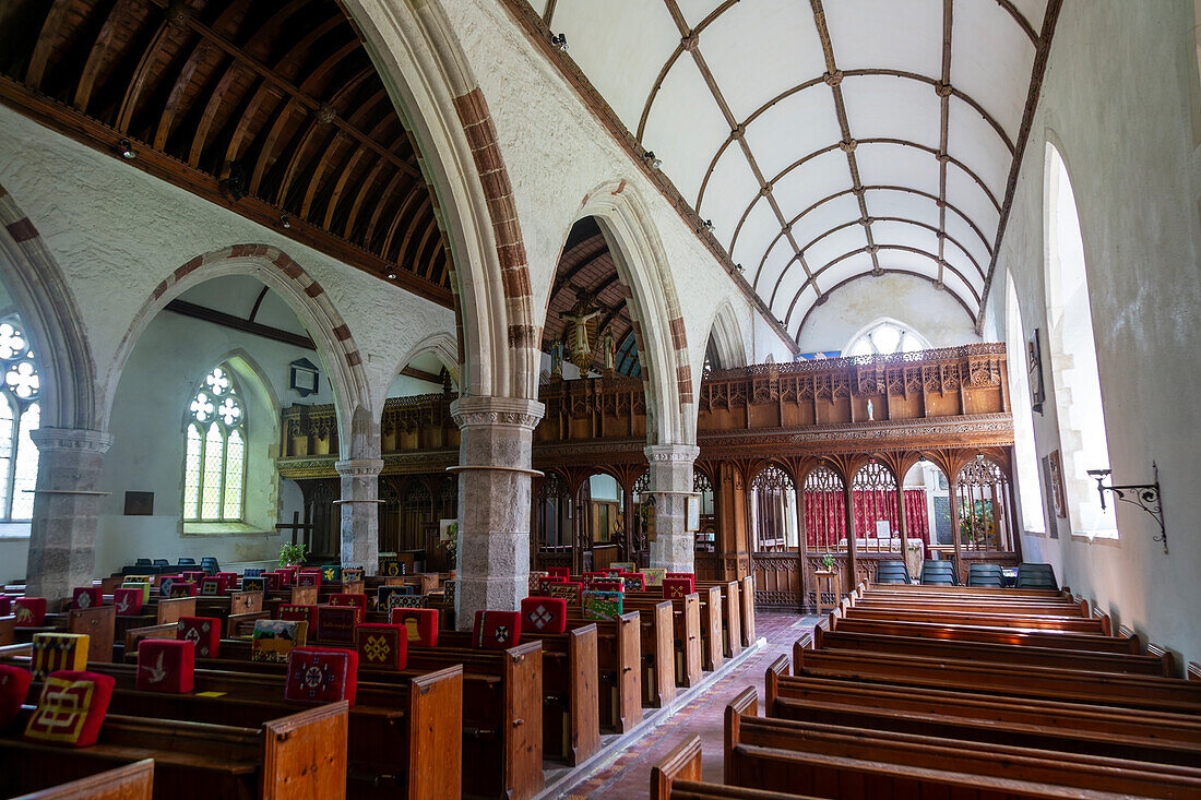 Interior of village parish church of Saint Paul de Leon, Staverton, south Devon, England, UK