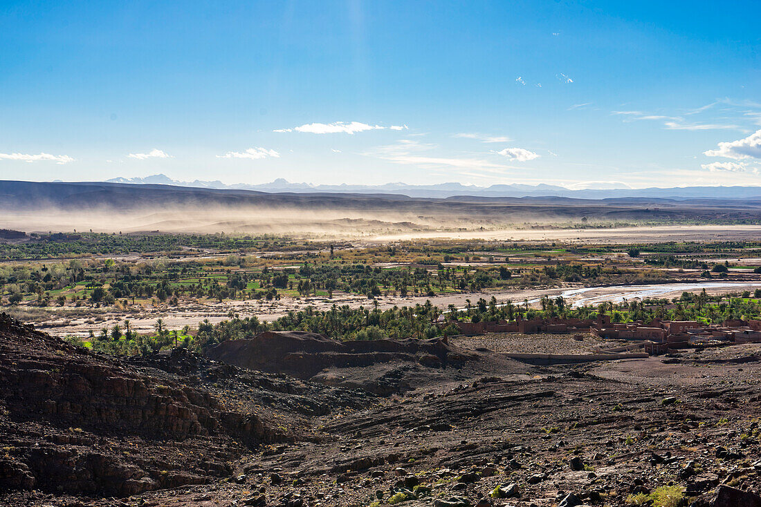  North Africa, Morocco, , Ouarzazate Province, Strong wind blows sand across the landscape 