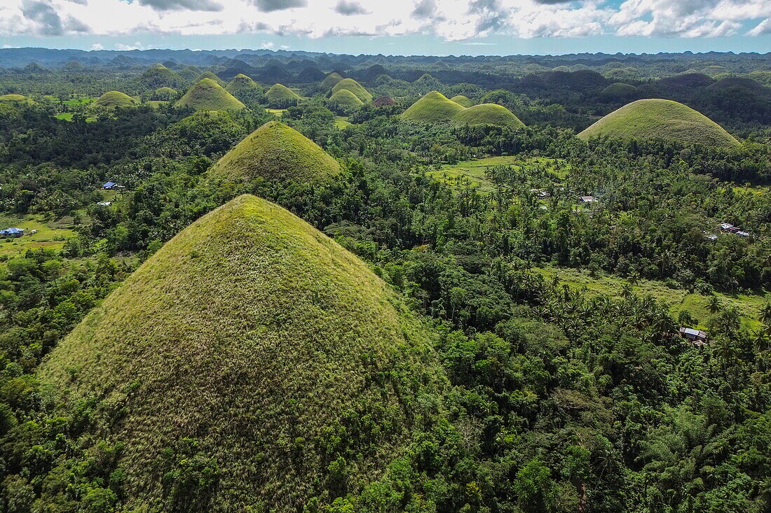 Luftaufnahme der geologischen Formation Chocolate Hills, in der Nähe von Carmen, Bohol, Philippinen, Südostasien