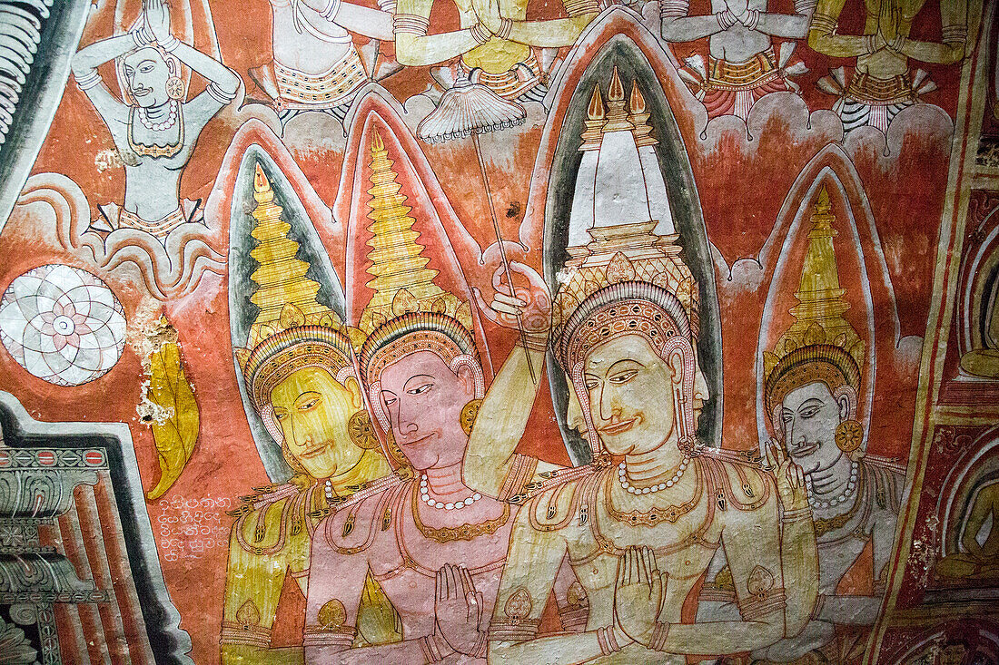 Buddha images in roof mural, Dambulla cave Buddhist temple complex, Sri Lanka, Asia