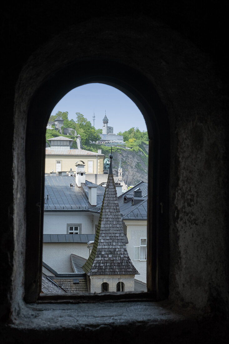 View of the Museum of Modern Art on the Mönchsberg from the catacombs, Salzburg, Austria, Europe 