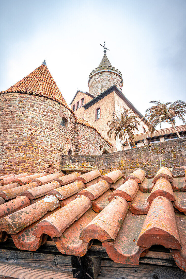  View over the castle wall to the keep of the Leuchtenburg, Seitenroda, Thuringia, Germany 