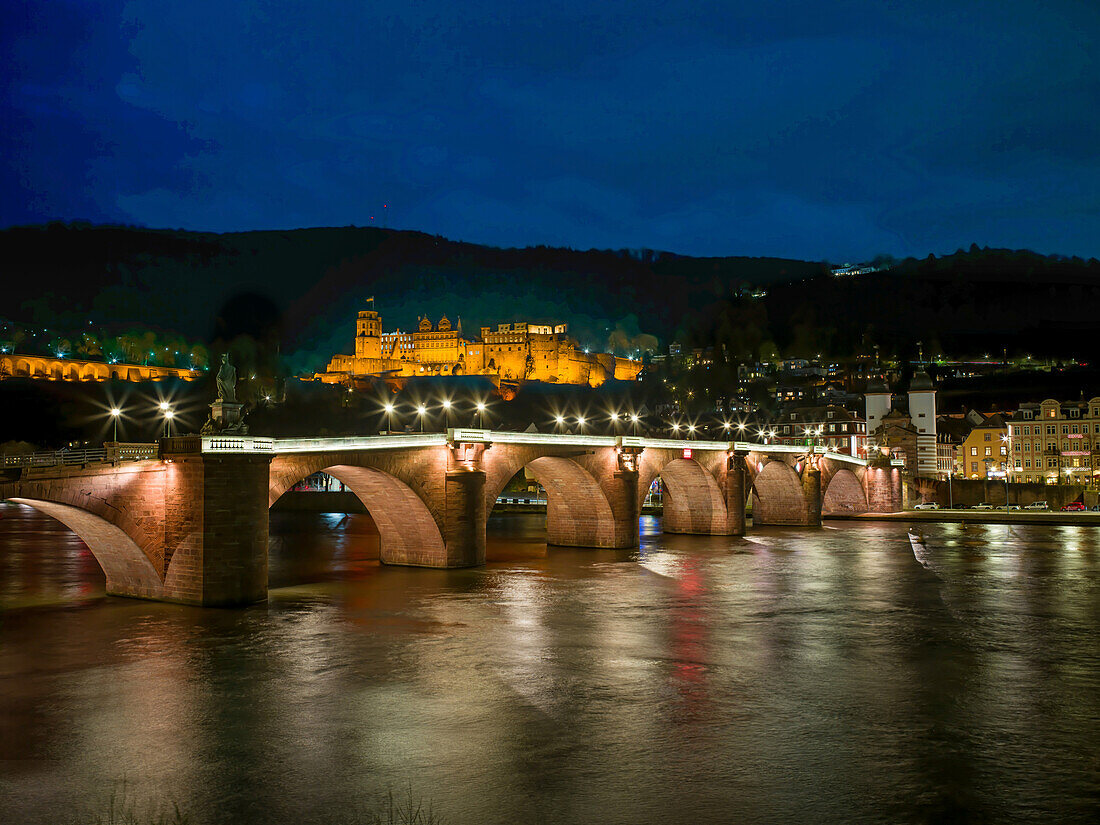  Old Bridge and Castle at night, Heidelberg, Baden-Württemberg, Neckar, Germany, Europe 