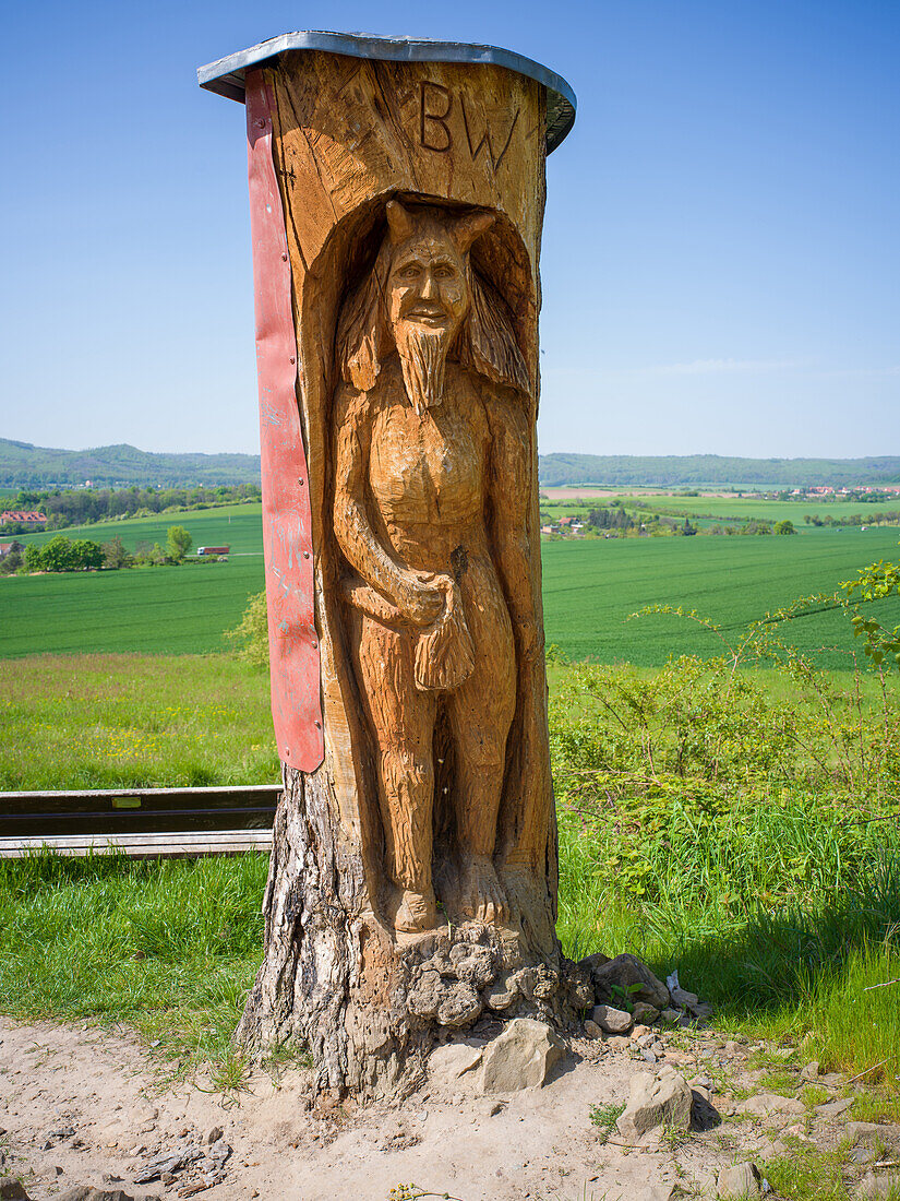  Carved devil on the Hamburg coat of arms - part of the Devil&#39;s Wall between Blankenburg and Timmenrode in the Harz Mountains, Harz, Harz district, Saxony-Anhalt, Germany, Europe 