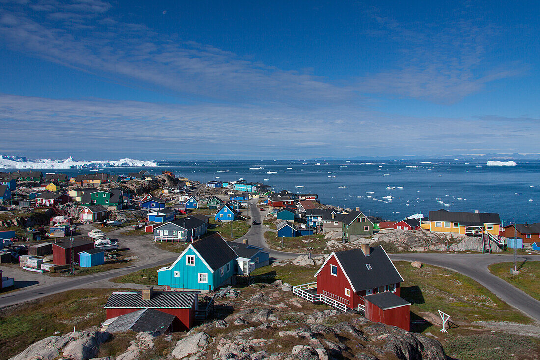 Bunte Wohnhäuser, Ilulissat, Jakobshavn, Kangia-Eisfjord, Disko-Bucht, West-Groenland, Grönland