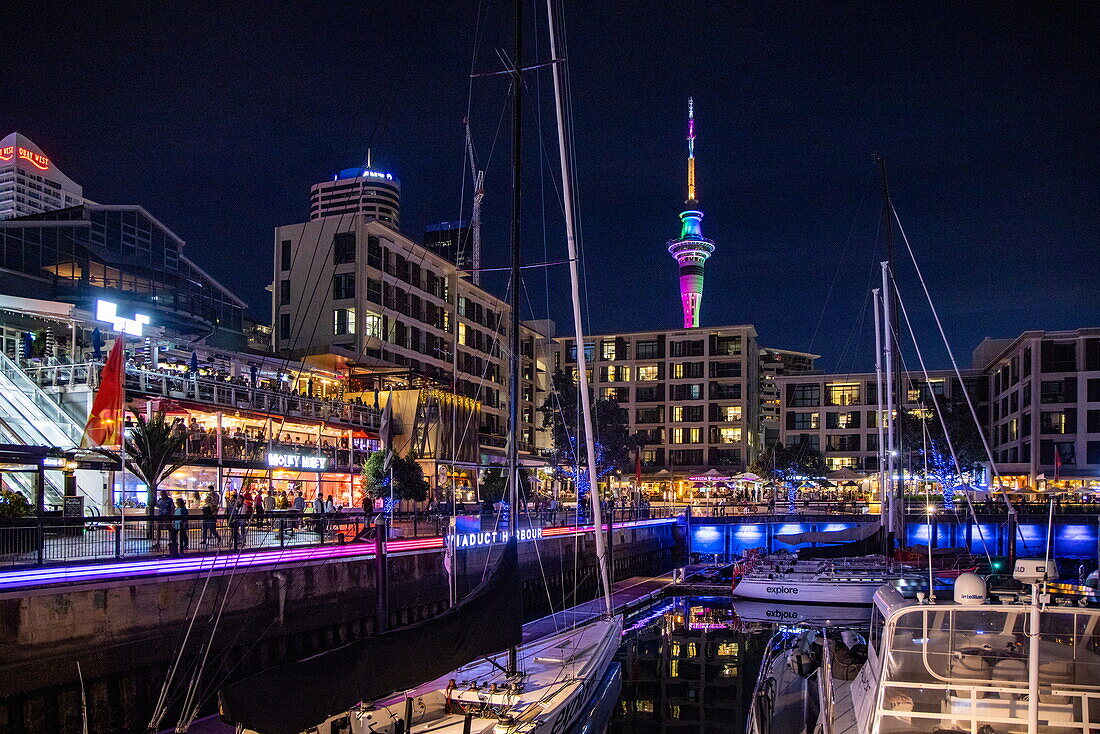  Boats in Viaduct Basin with bars and illuminated Sky Tower at night, Auckland, North Island, New Zealand 