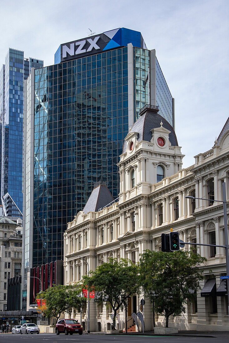  Architectural contrast between historic buildings at skyscraper in Central Business District, Auckland, North Island, New Zealand 