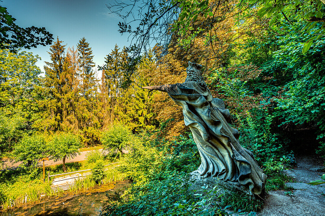  The Erlkönig statue in Jena in the district of Jena-Ost in summer under blue skies, Jena, Thuringia, Germany 