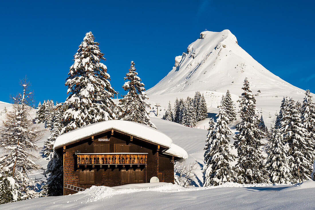  Snow-covered mountains and mountain hut, Damülser Mittagspitze, Damüls, Bregenzerwald, Vorarlberg, Austria 