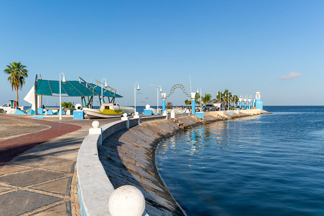 Modern archway at entrance to fishing port harbour, Campeche city, Campeche State, Mexico