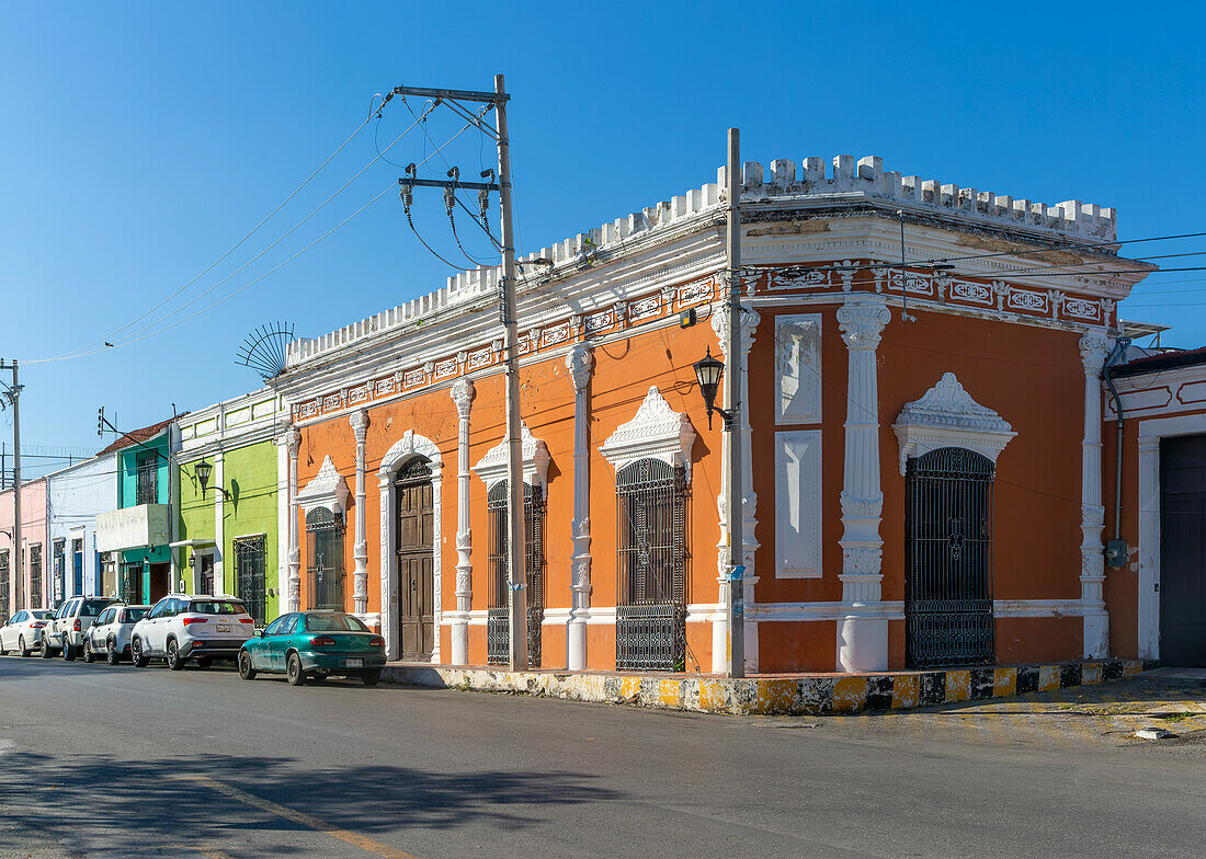 Spanish colonial architecture of buildings in barrio San Roman, Campeche city, Campeche State, Mexico