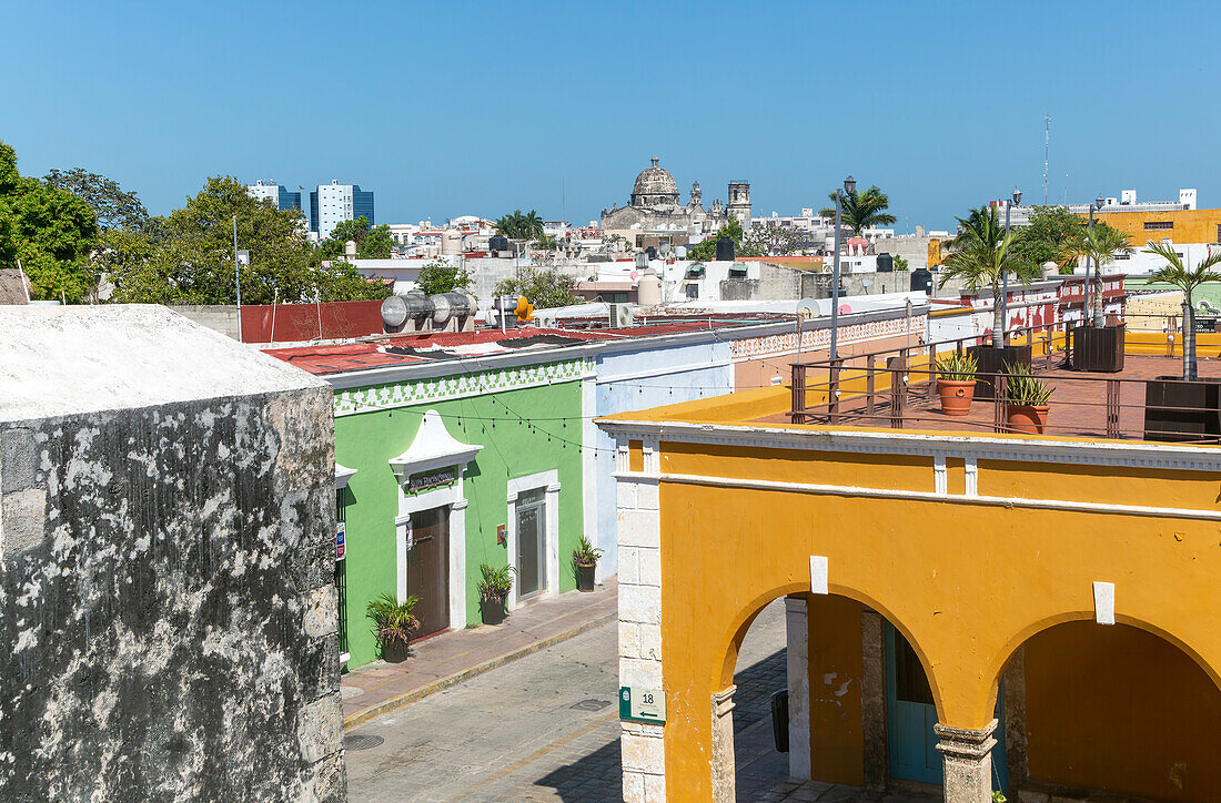View from city wall over Spanish colonial buildings in the old city of Campeche, Campeche State, Mexico
