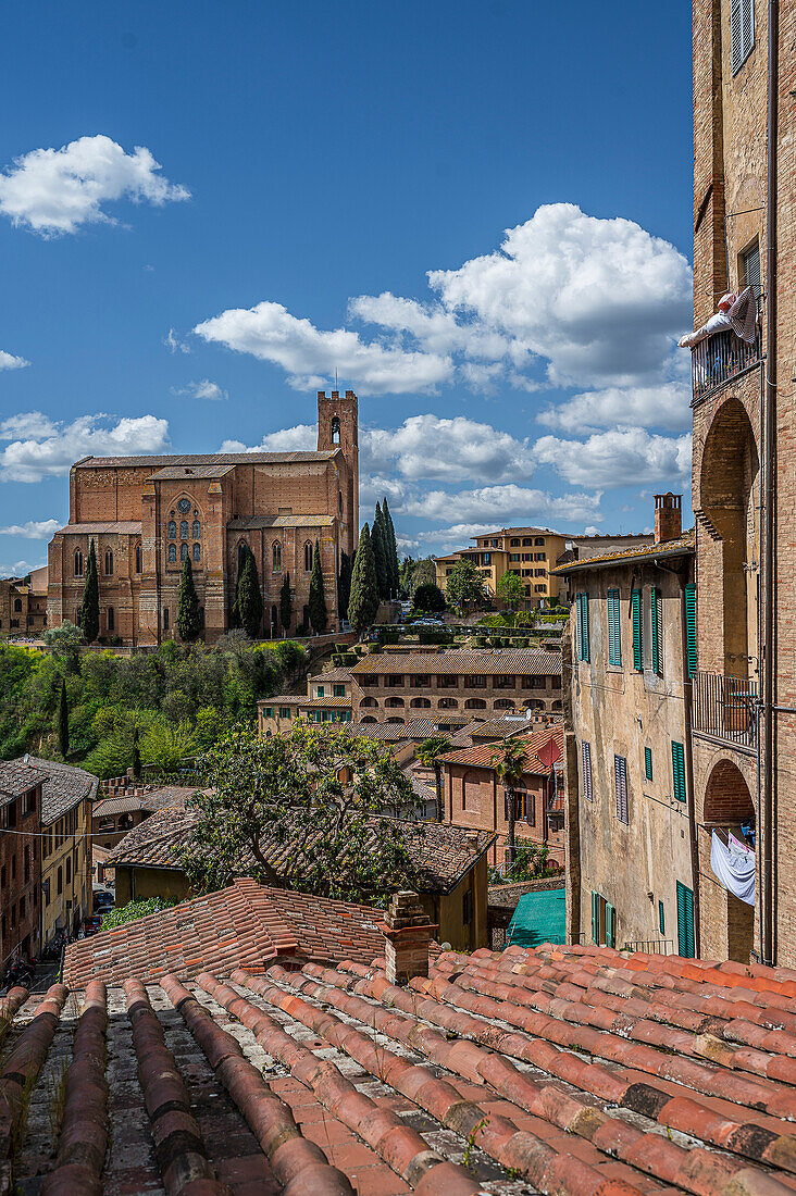  View with closed shutters from the old town of Basilica di San Domenico (Mendicant Order Church), Siena, Tuscany region, Italy, Europe 