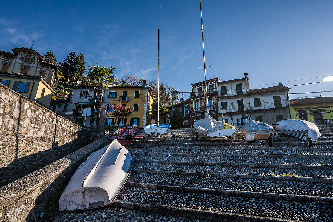  View of the port of Colmegna, Lake Maggiore, Lombardy, Italy, Europe 