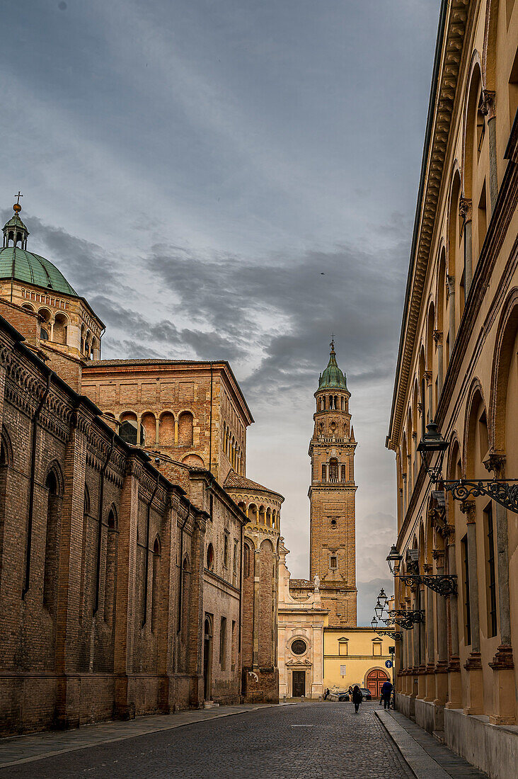  View of the church tower of San Giovanni Evangelista, cathedral on the left sideParma, Province of Parma, Emilia-Romagna, Italy, Europe 