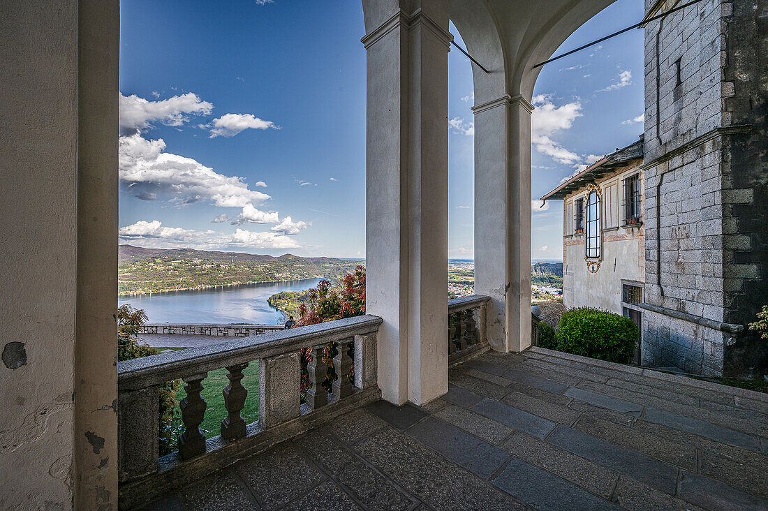  View from the pilgrimage site of the Madonna del Sasso, Lake Orta is a northern Italian lake in the northern Italian, Lago d&#39;Orta, or Cusio, region of Piedmont, Italy, Europe 