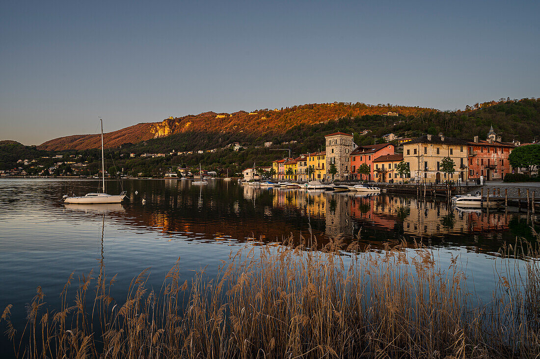 Blick auf Altstadt und Hafen von Pella am Westufer, Lago d’Orta, Provinz Novara, Region Piemont, Italien, Europa