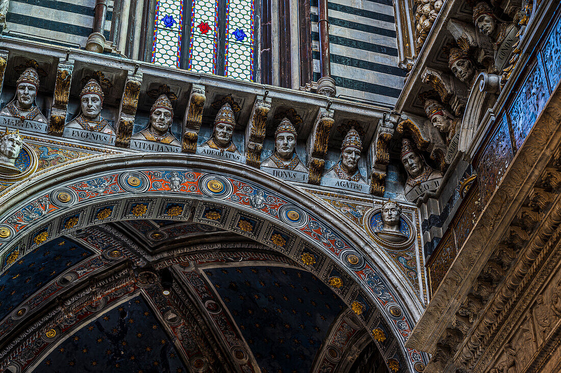 Verzierungen und Bogen im Dom Cattedrale Metropolitana di Santa Maria Assunta, Siena, Region Toskana, Italien, Europa