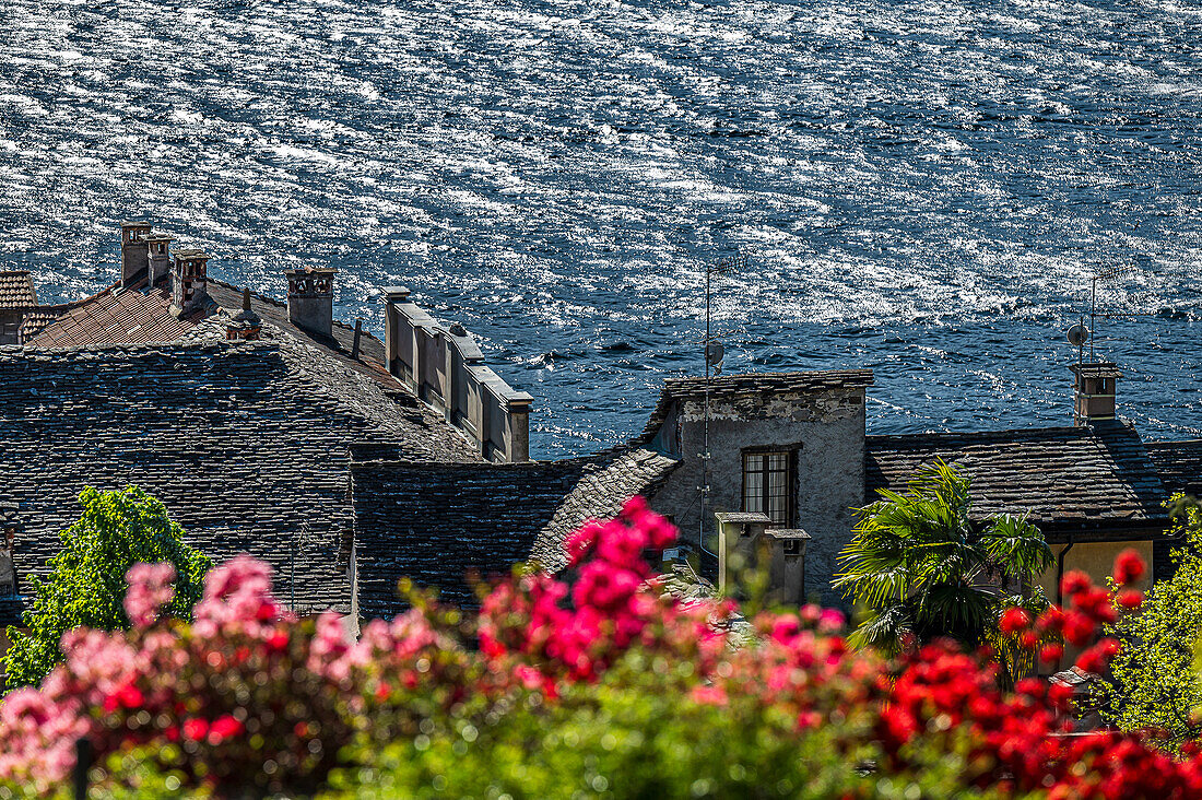 Ausblick am Aussichtspunkt über den Dächern des Ortes Orta San Giulio, Ortasee Lago d’Orta, Provinz Novara, Region Piemont, Italien