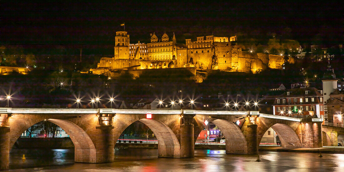  Old Bridge and Castle at night, Heidelberg, Baden-Württemberg, Neckar, Germany, Europe 