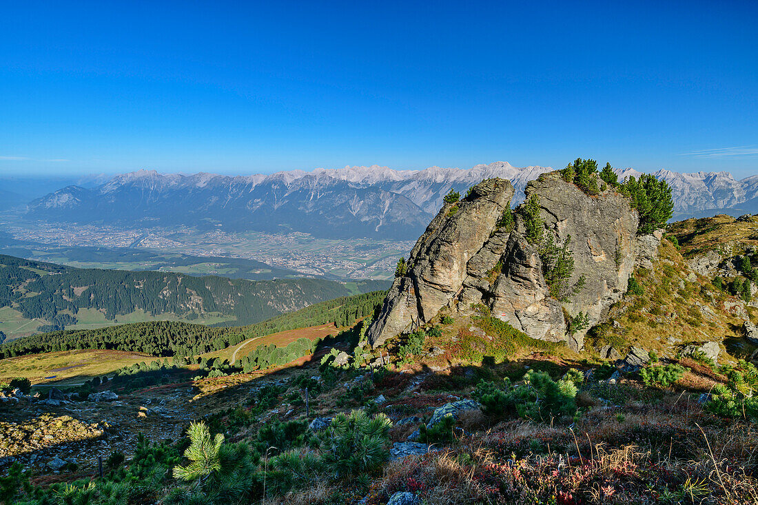  Rock towers in front of Inntal and Karwendel range, Largoz, Tux Alps, Tyrol, Austria 
