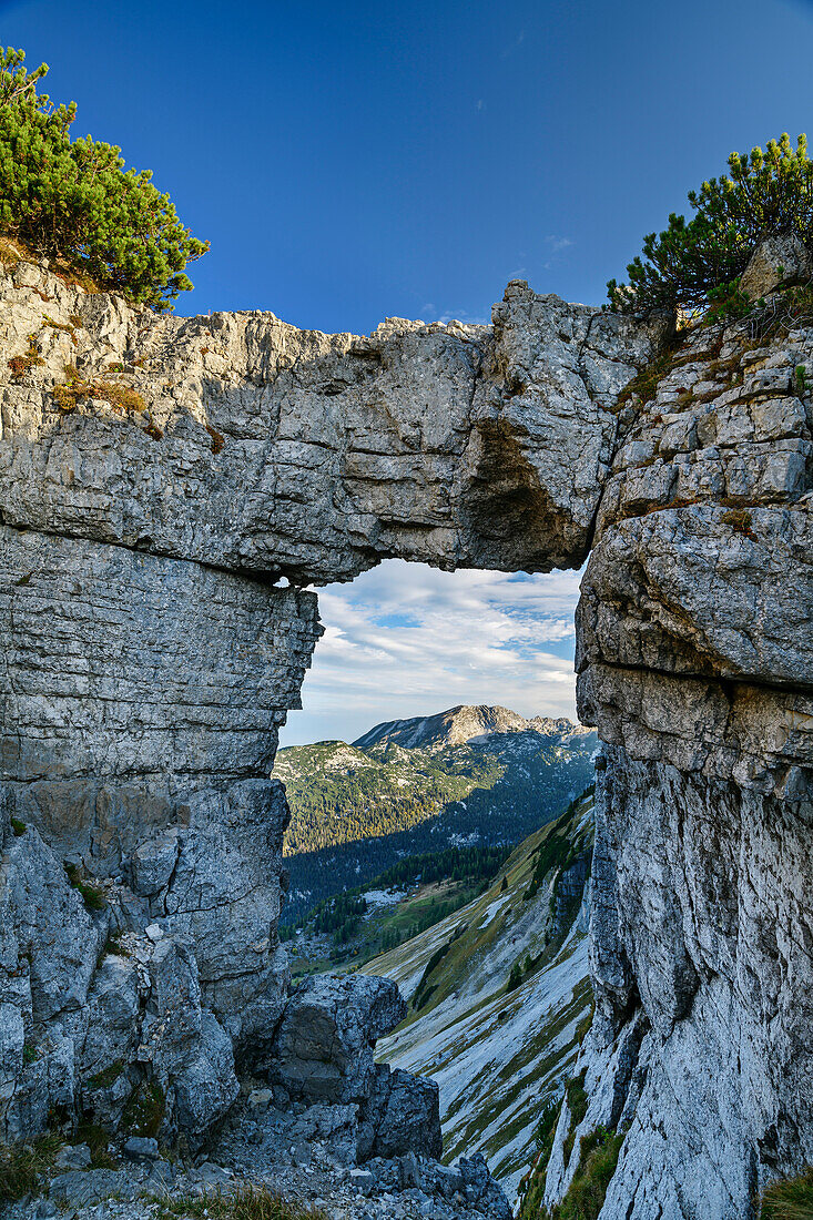  View through rock window at Loser, Totes Gebirge, Salzkammergut, Styria, Austria 