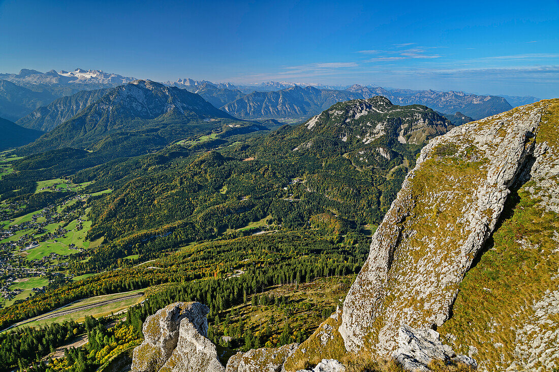  View from the Loser to the Dachstein and mountains of the Salzkammergut, from the Loser, Totes Gebirge, Salzkammergut, Styria, Austria 