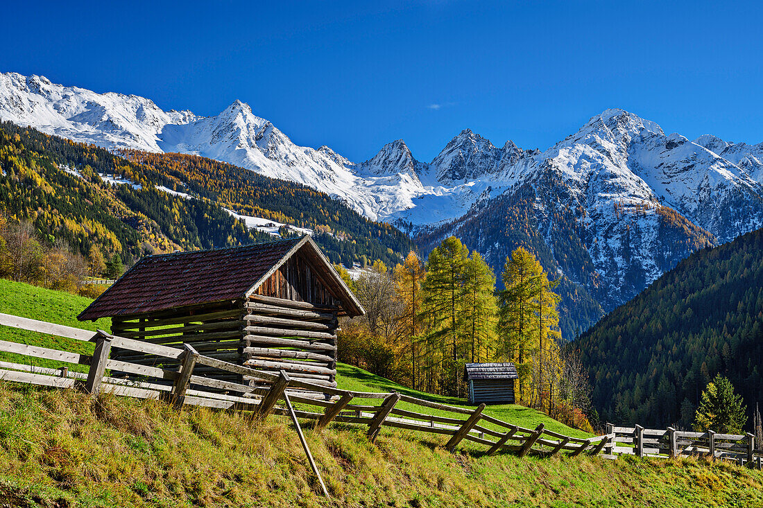  Two barns in autumnal Kaunertal with Kleiner Dristkogel, Grosser Dristkogel and Brehnspitze, Kaunertal, Ötztal Alps, Tyrol, Austria 