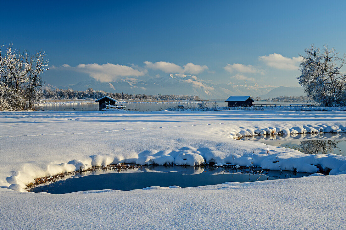 Verschneite Tümpel mit Bootshäusern und Chiemsee im Hintergrund, Chiemsee, Chiemgauer Alpen, Oberbayern, Bayern, Deutschland
