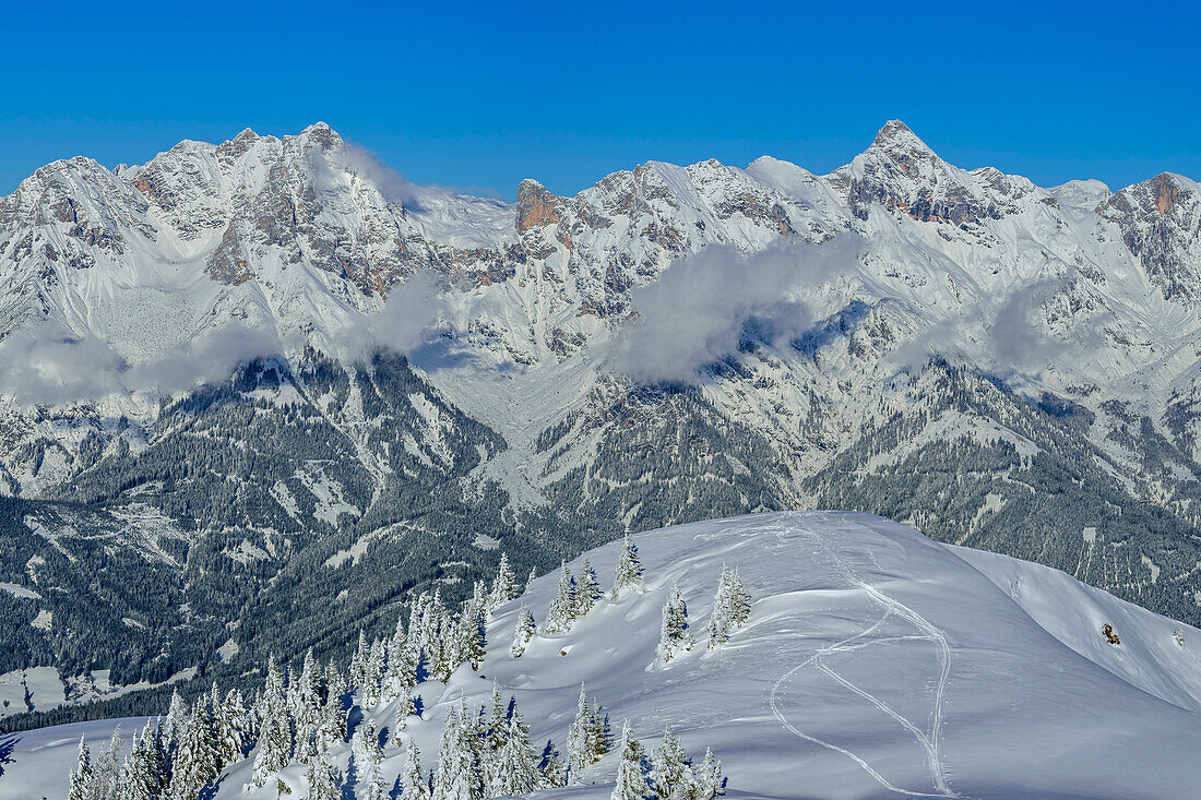 Verschneite Wiesenkuppe mit Berchtesgadener Alpen im Hintergrund, von der Schwalbenwand, Salzburger Schieferalpen, Salzburg, Österreich