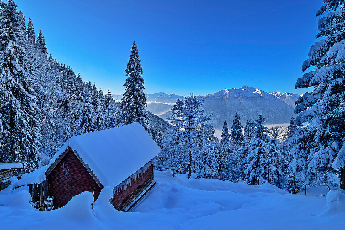  Snow-covered Kilianshütte, with Ammergau Alps in the background, Ettaler Mandl, Ammergau Alps, Upper Bavaria, Bavaria, Germany  