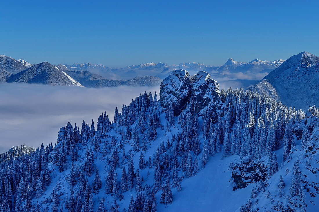  View of the wintry Ettaler Mandl, from the Laber, Ammergau Alps, Upper Bavaria, Bavaria, Germany  