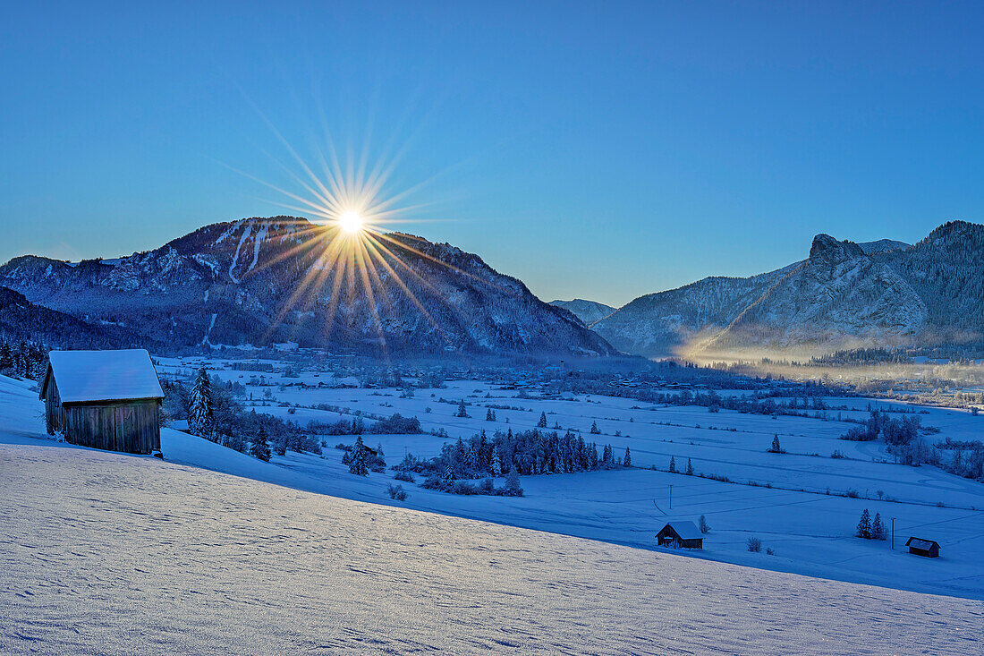  Rising sun over Oberammergau with Laber and Kofel, from Altherrenweg, Unterammergau, Upper Bavaria, Bavaria, Germany  