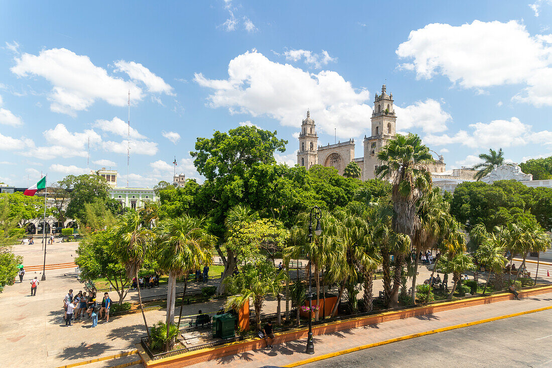 Raised view of cathedral church over Plaza Grande in city centre, Merida, Yucatan State, Mexico