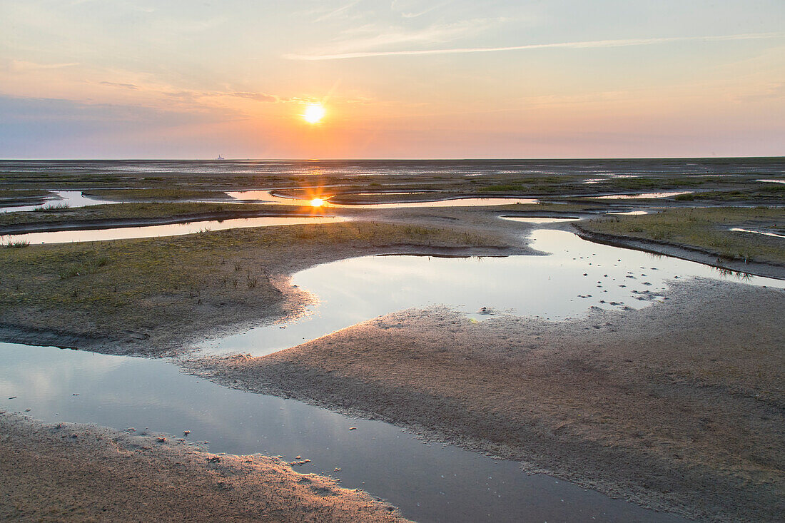  Evening atmosphere in the mudflats, Wadden Sea National Park, North Friesland, Schleswig-Holstein, Germany 