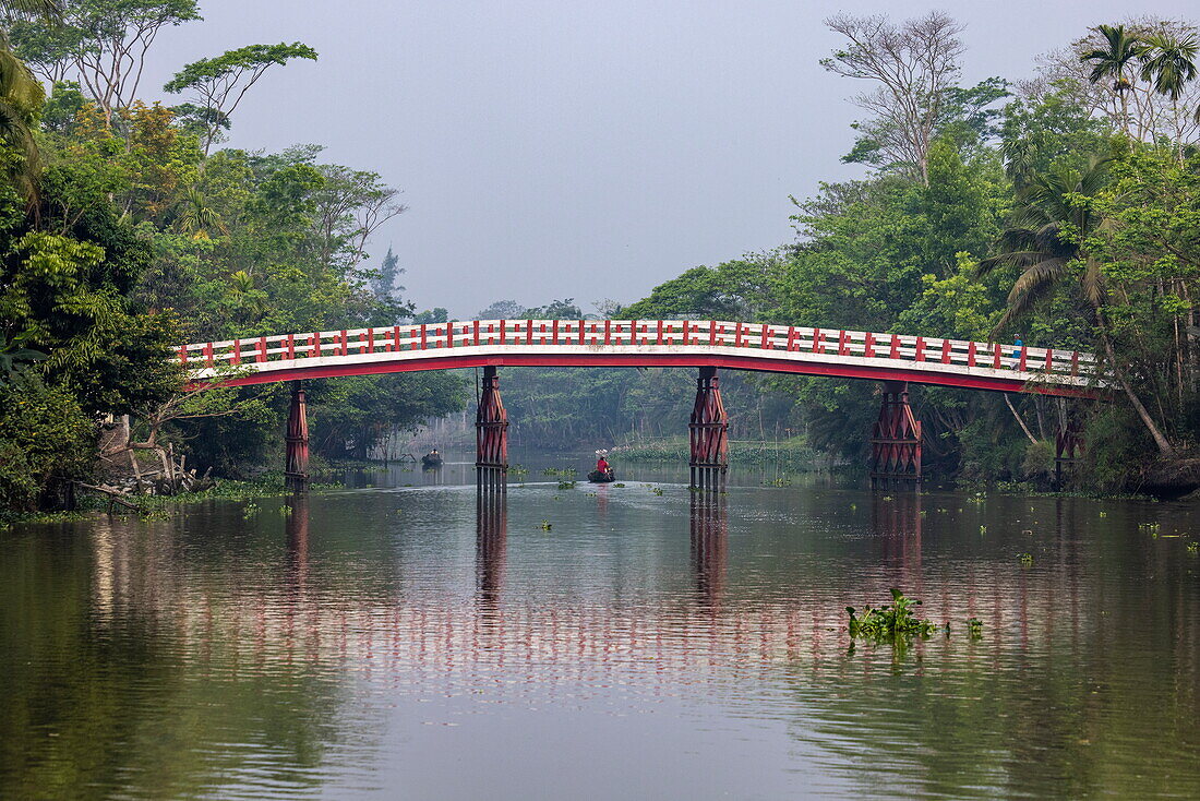  Reflection of a bridge over river, near Boithakata, Pirojpur district, Bangladesh, Asia 