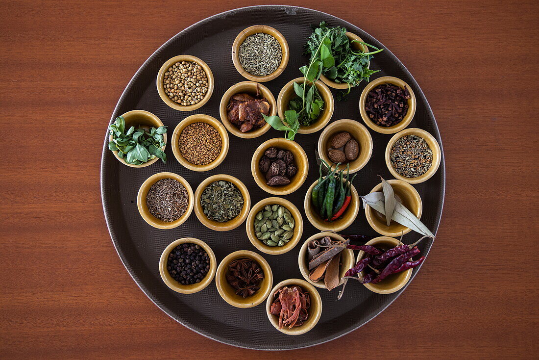  Spices are displayed during a cooking presentation by the chef on board the river cruise ship RV Thurgau Ganga Vilas (Thurgau Travel), Mongla, Bagerhat District, Bangladesh, Asia 