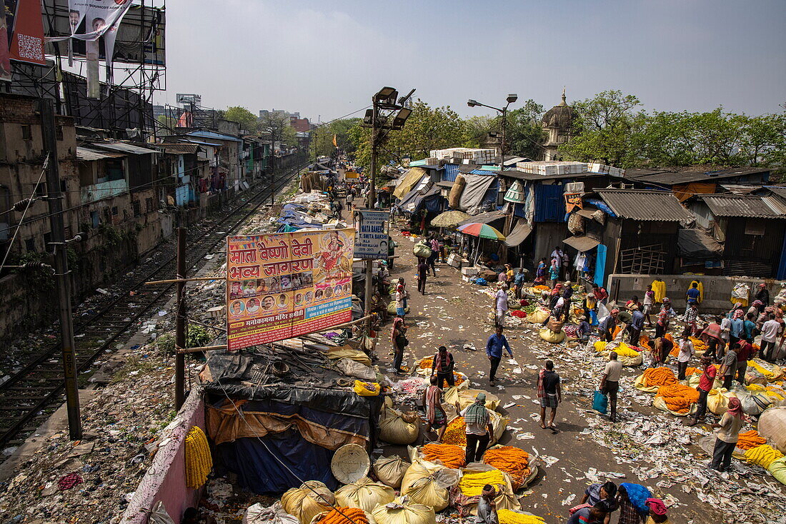 Blick auf das Treiben auf dem Blumenmarkt Mullick Ghat Flower Market, Kalkutta, Kalkutta, Indien, Asien